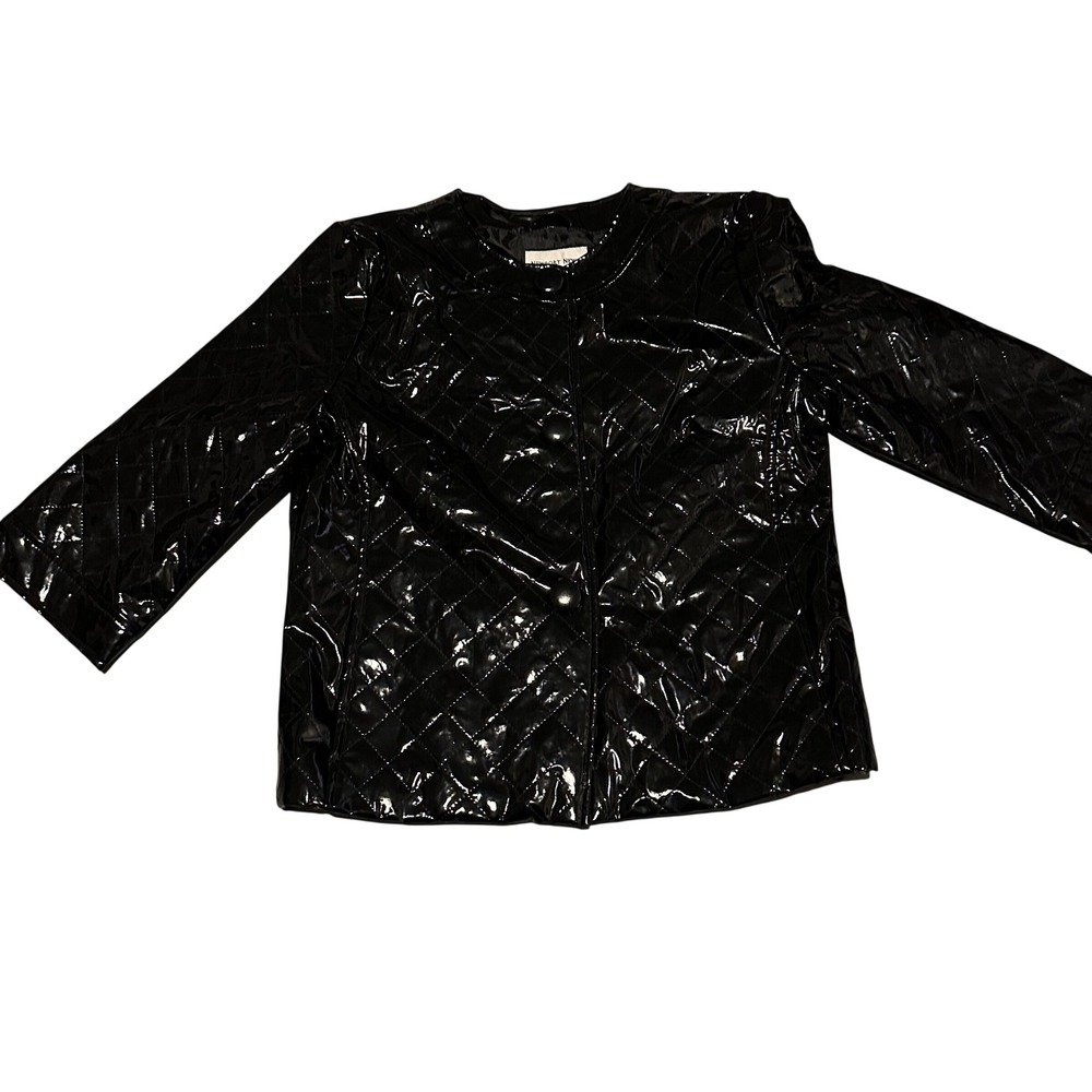Newport News Black Quilted Vinyl Jacket‎ Shiny Button Front Collarless Size 8
